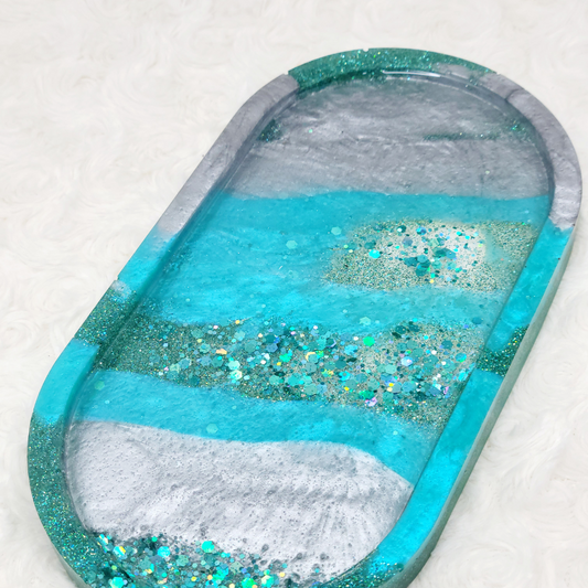 Teal Glitter and Silver Trinket Tray