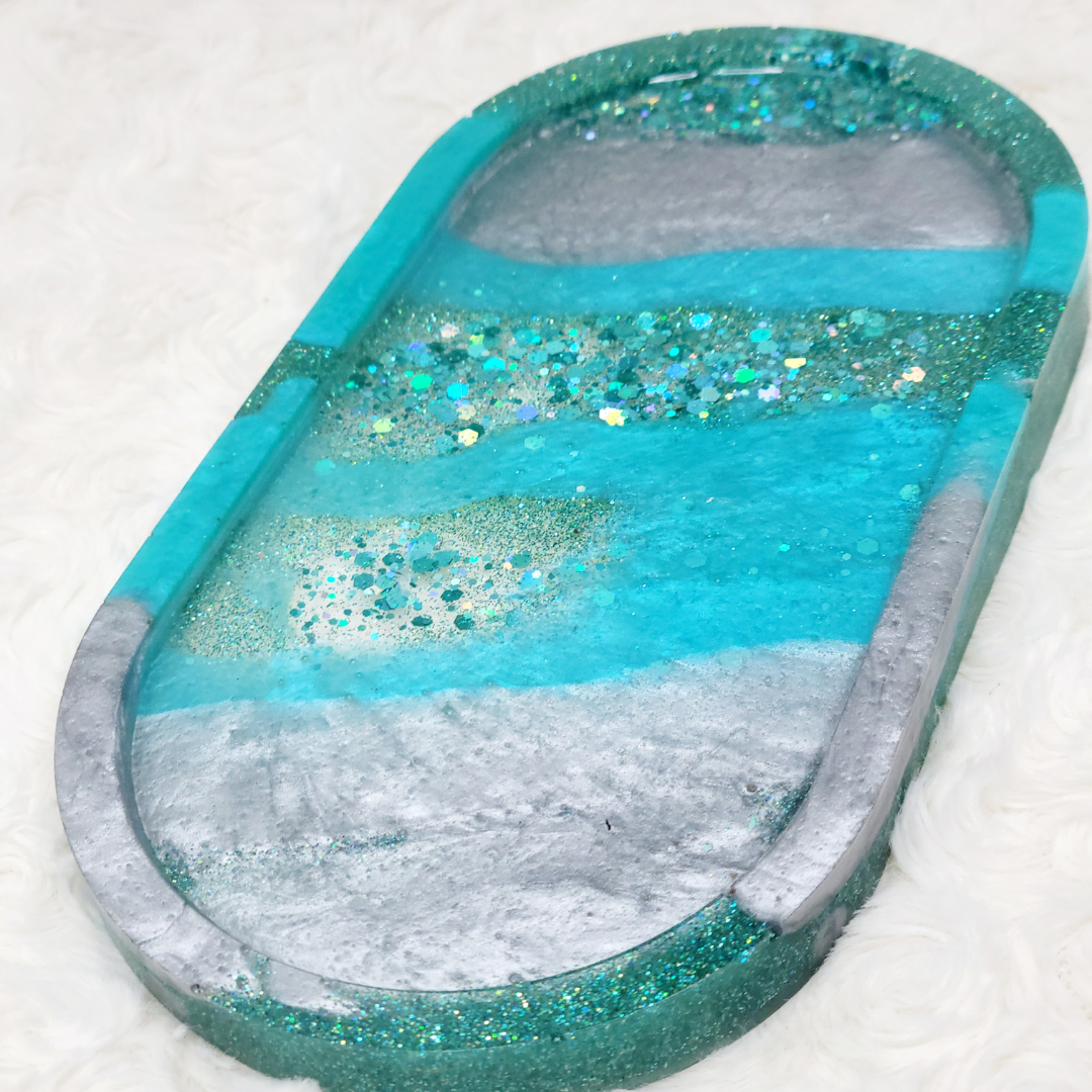 Teal Glitter and Silver Trinket Tray