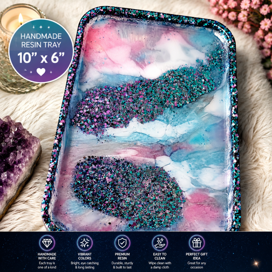 Cosmic-Inspired Decorative Vanity Tray | Handmade Resin Tray | Jewelry Organizer | Blue Pink Glitter Home Decor | 10" x 6"