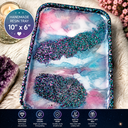 Cosmic-Inspired Decorative Vanity Tray | Handmade Resin Tray | Jewelry Organizer | Blue Pink Glitter Home Decor | 10" x 6"