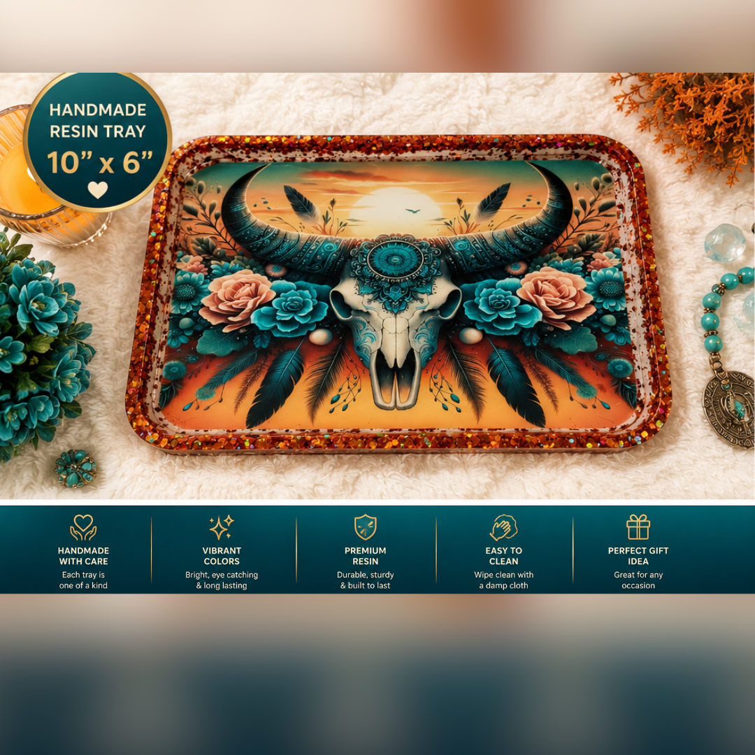 Boho Bull Skull Resin Tray – Handmade 10" x 6" Teal & Burnt Orange Western Decor