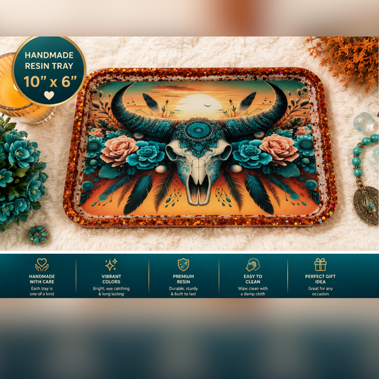 Boho Bull Skull Resin Tray – Handmade 10" x 6" Teal & Burnt Orange Western Decor