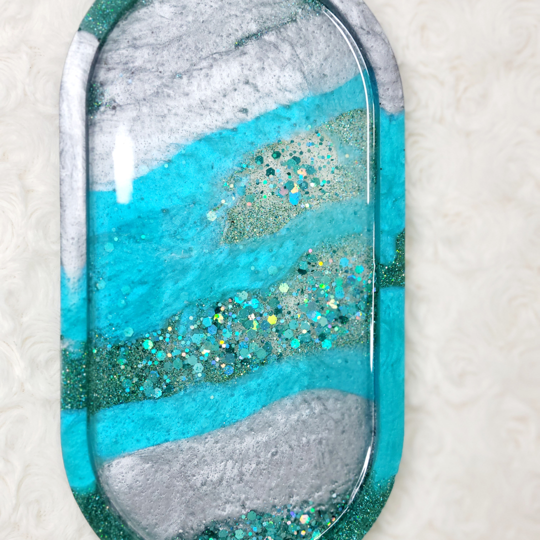 Teal Glitter and Silver Trinket Tray