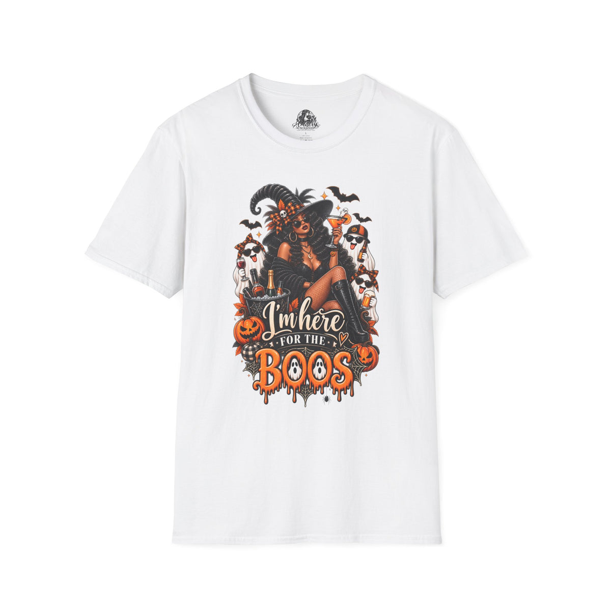 Here for the Boos Halloween | Glam Ghost Design | Unisex Softstyle T-Shirt