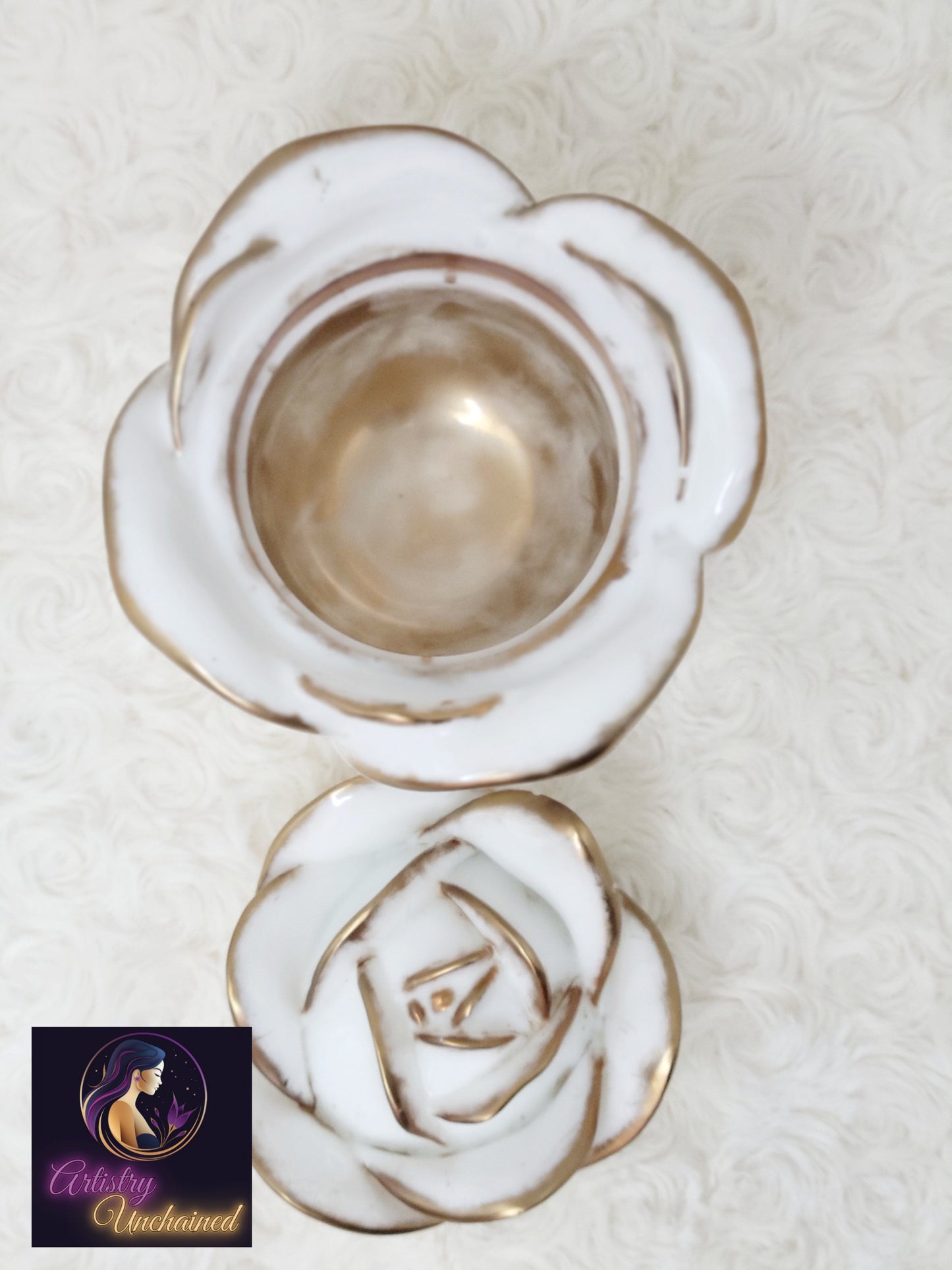 White and Gold Vintage Rose Jar