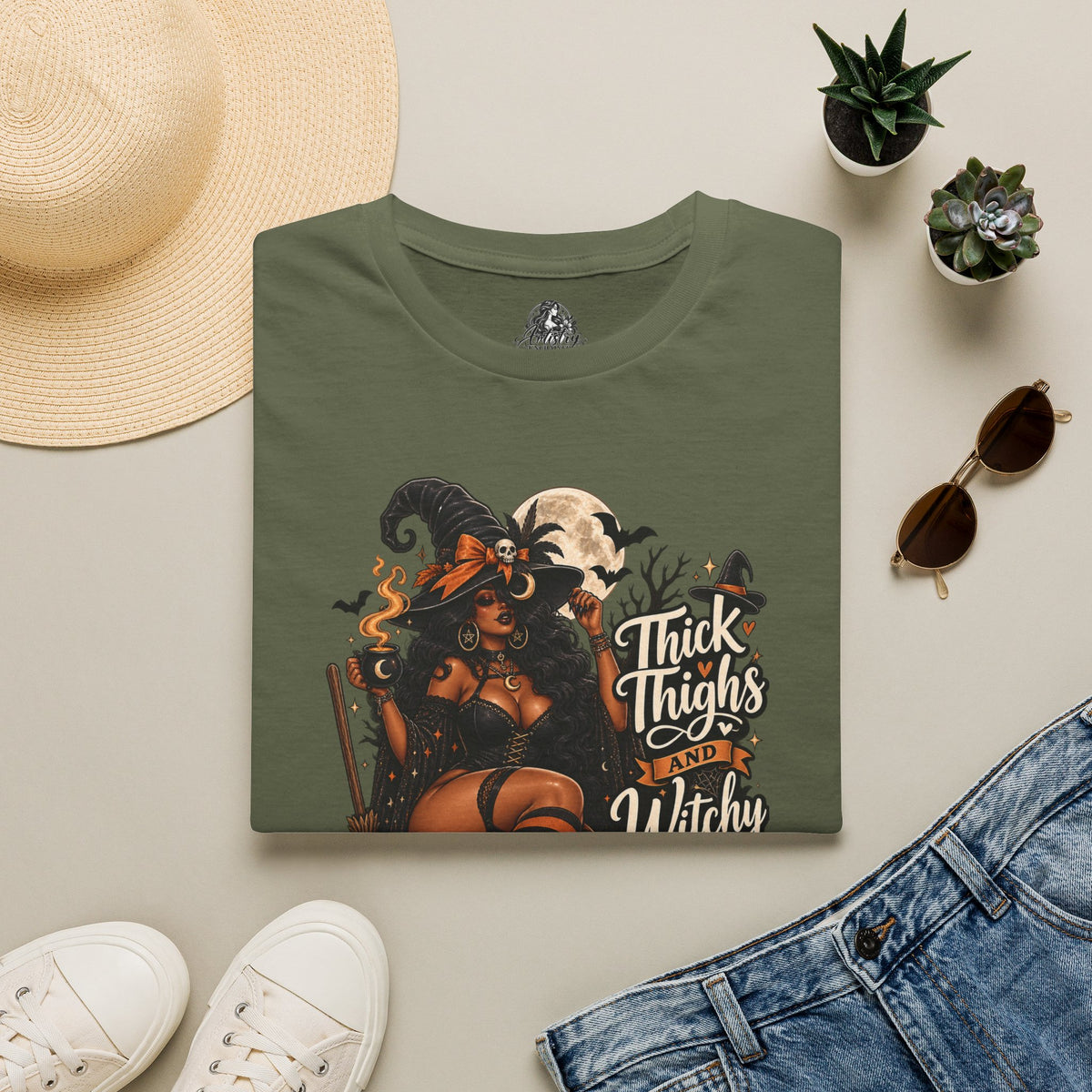Thick Thighs Witchy Vibes Halloween | Glam Ghost Design | Unisex Softstyle T-Shirt