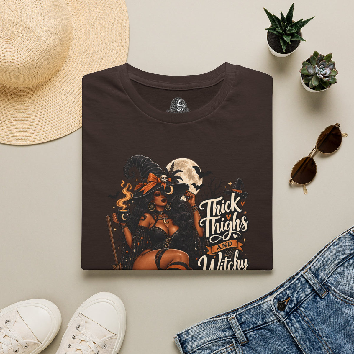 Thick Thighs Witchy Vibes Halloween | Glam Ghost Design | Unisex Softstyle T-Shirt