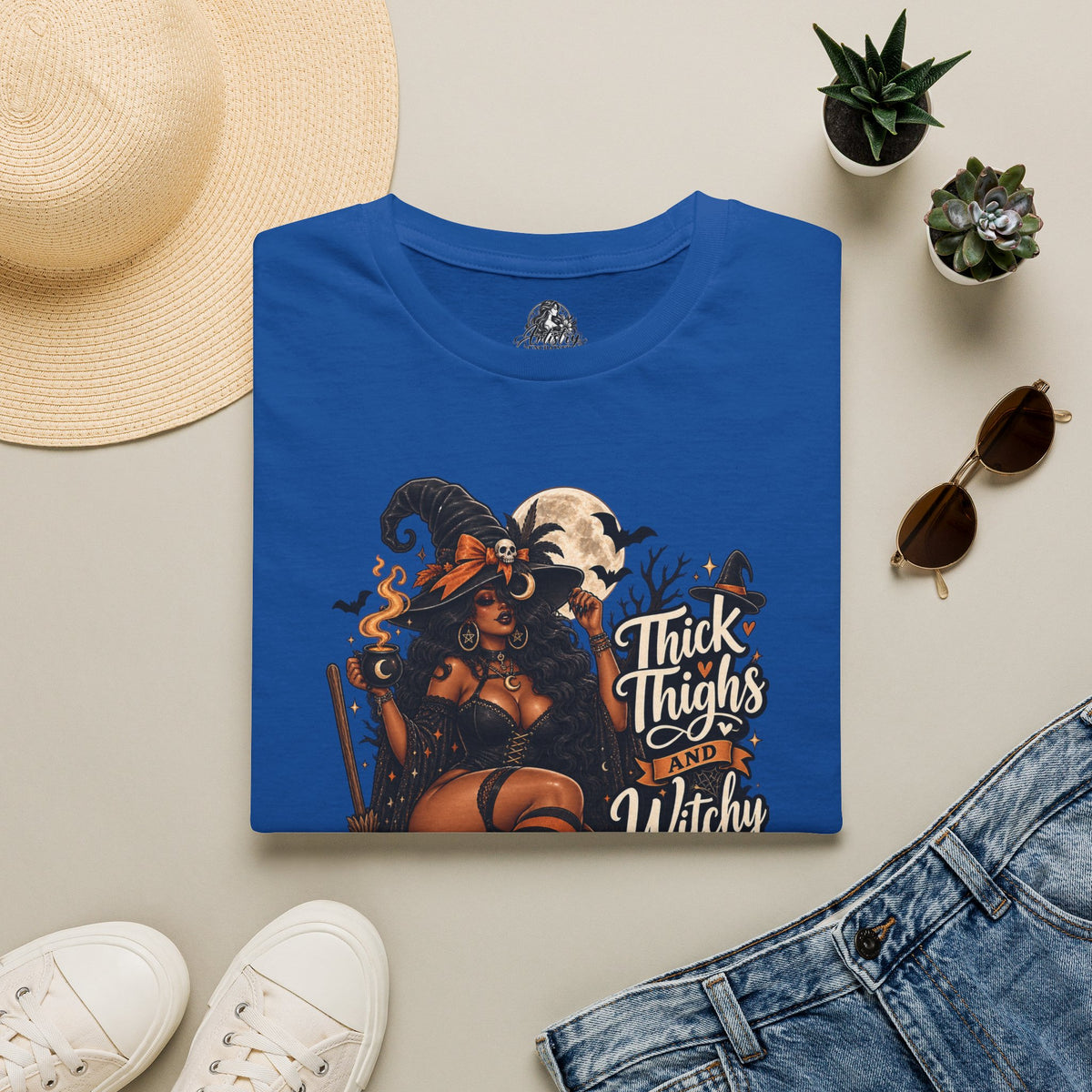 Thick Thighs Witchy Vibes Halloween | Glam Ghost Design | Unisex Softstyle T-Shirt