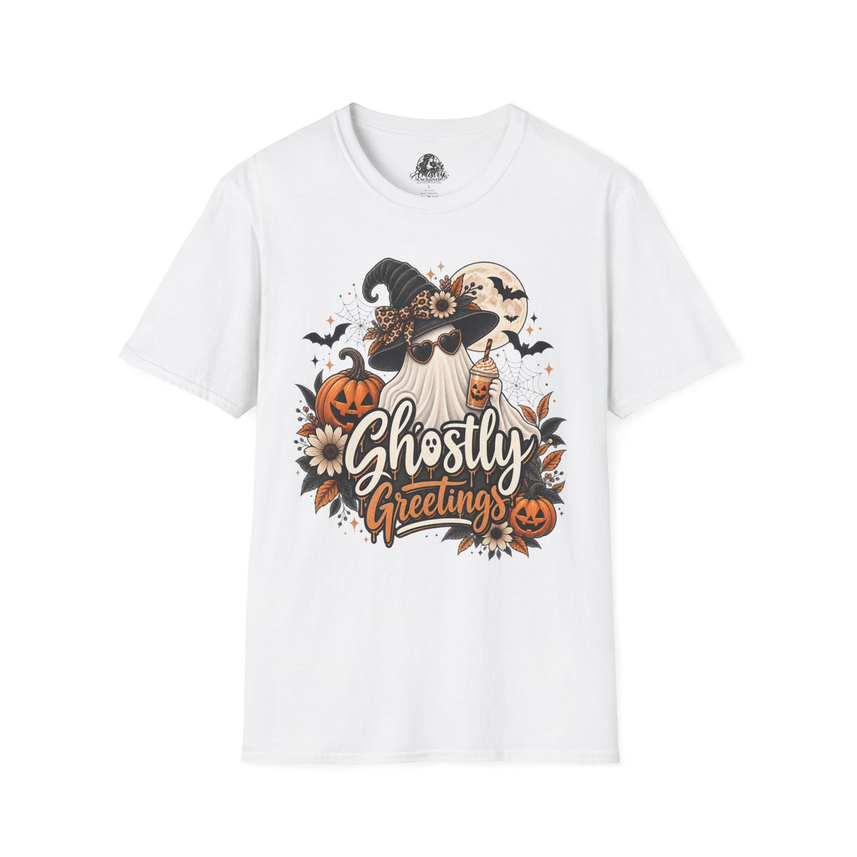 Ghostly Greetings Halloween | Glam Ghost Design | Unisex Softstyle T-Shirt