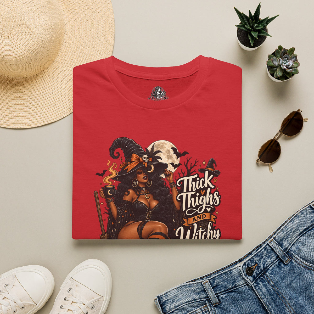 Thick Thighs Witchy Vibes Halloween | Glam Ghost Design | Unisex Softstyle T-Shirt