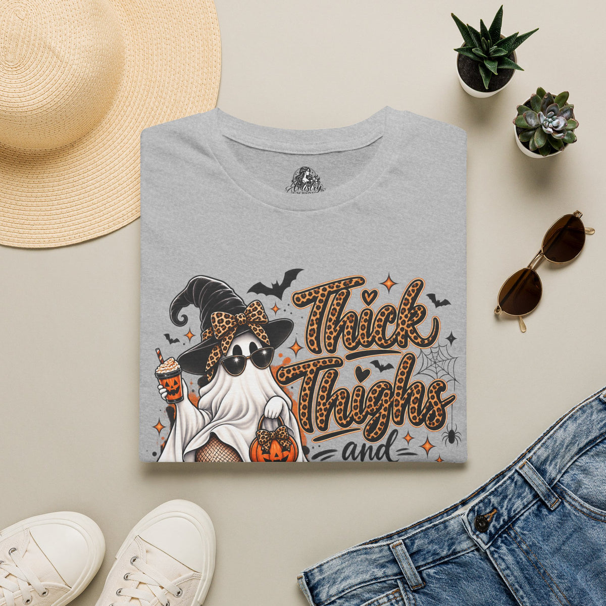 Thick Thighs Spooky Vibes Halloween | Glam Ghost Design | Unisex Softstyle T-Shirt