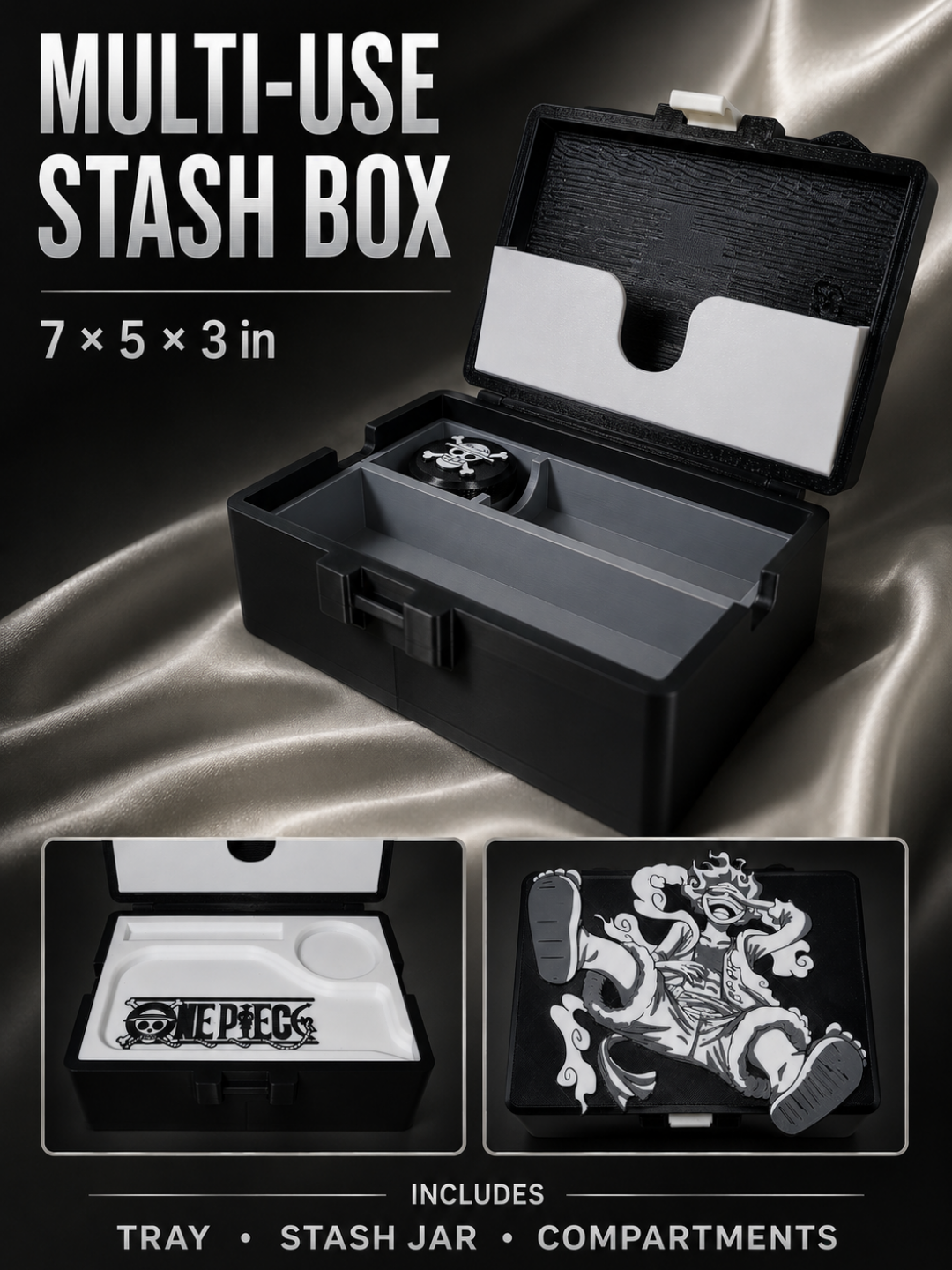 Anime Stash Box with Tray & Jar, 3D Printed Multi Use Storage Box, 7x5 Organizer, One Piece Inspired Gift, Rolling Accessories Box