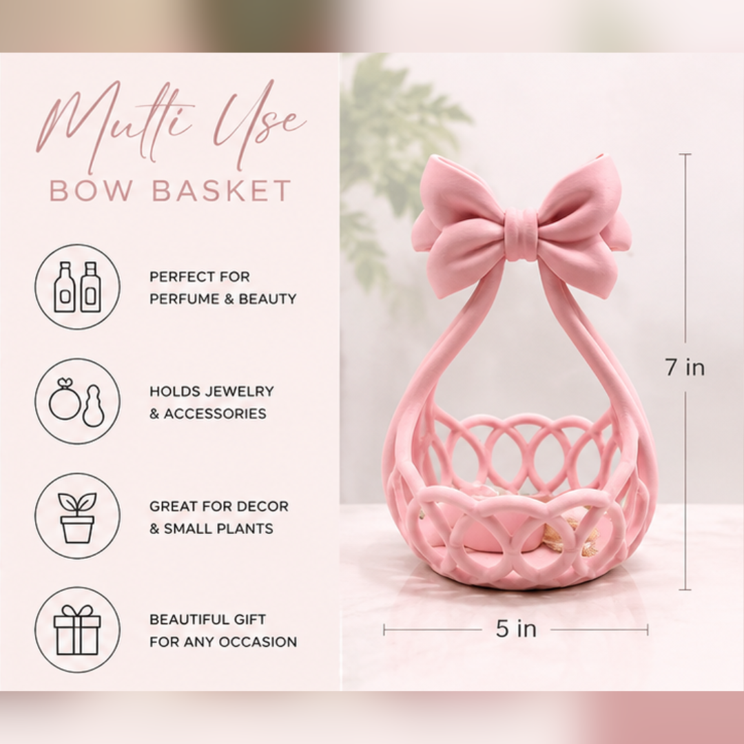Multi-Use Bow Basket – 3D Printed Vanity Organizer, Jewelry Holder & Decorative Storage