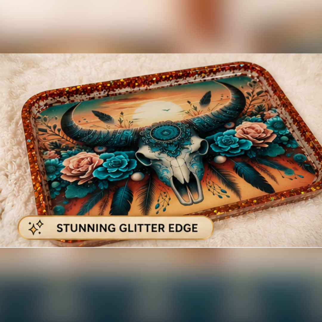 Boho Bull Skull Resin Tray – Handmade 10" x 6" Teal & Burnt Orange Western Decor