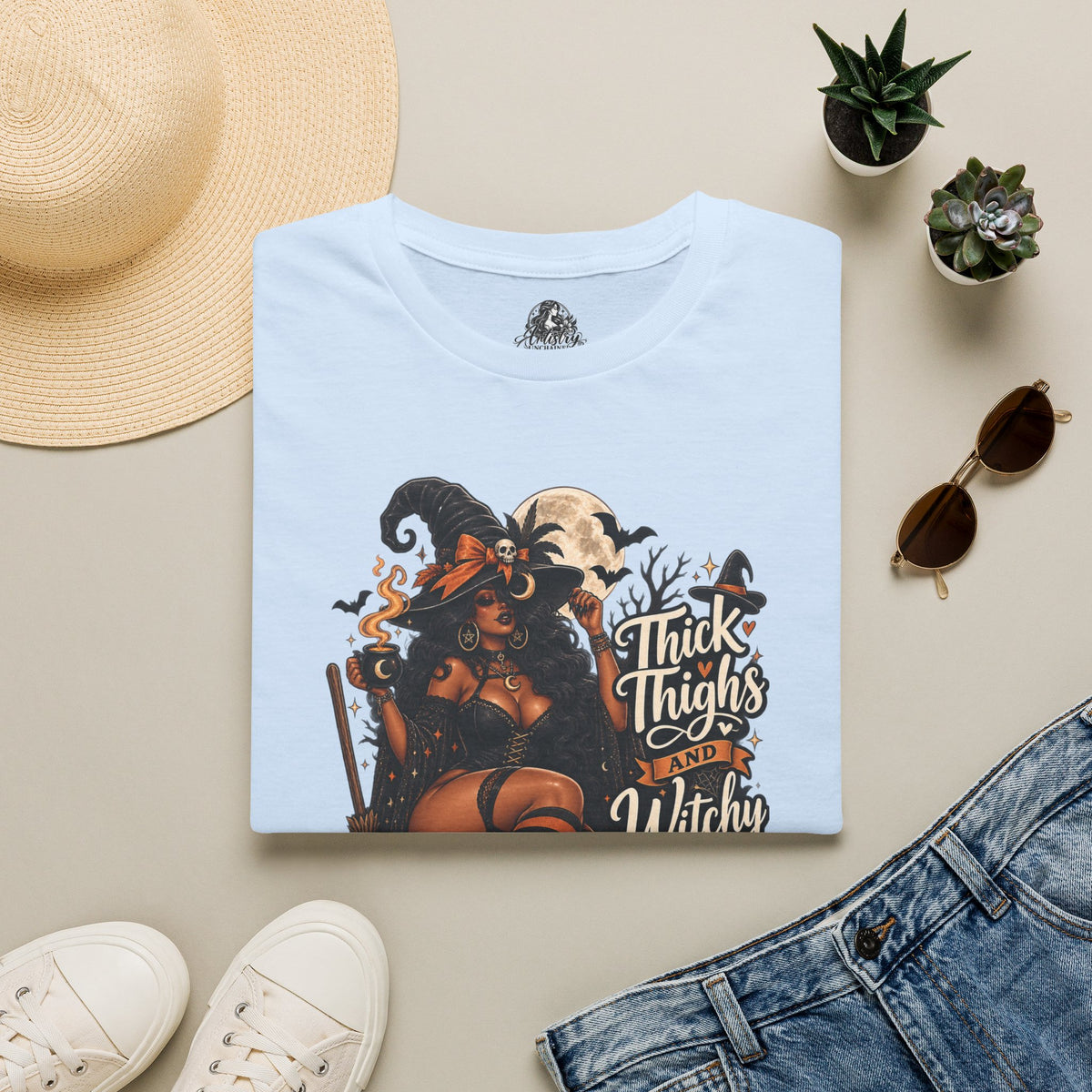 Thick Thighs Witchy Vibes Halloween | Glam Ghost Design | Unisex Softstyle T-Shirt