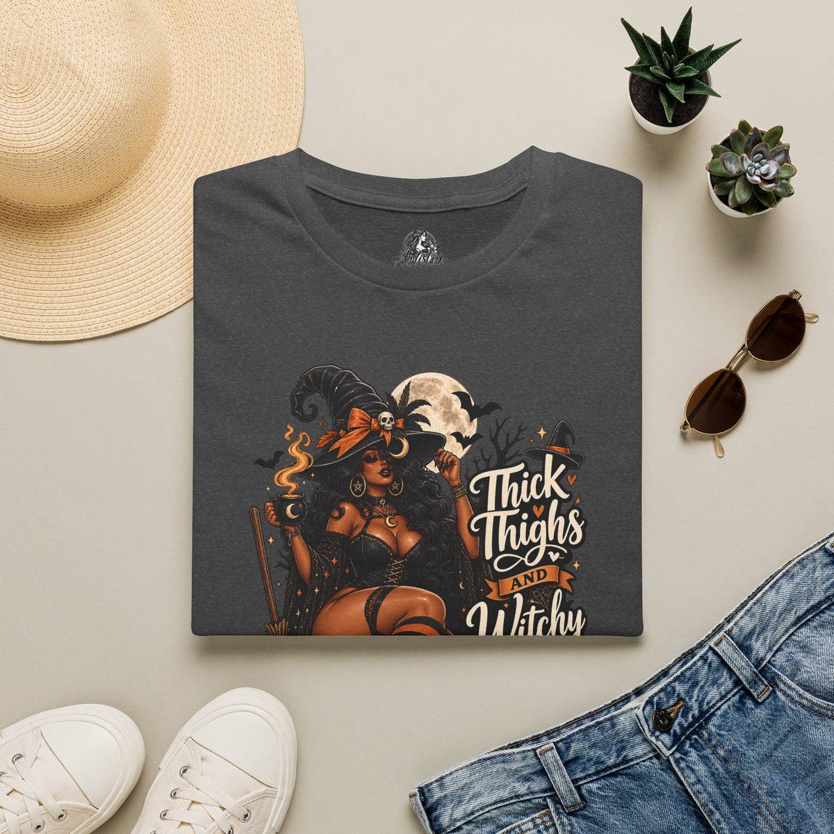 Thick Thighs Witchy Vibes Halloween | Glam Ghost Design | Unisex Softstyle T-Shirt