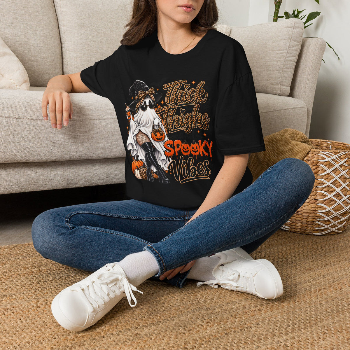 Thick Thighs Spooky Vibes Halloween | Glam Ghost Design | Unisex Softstyle T-Shirt