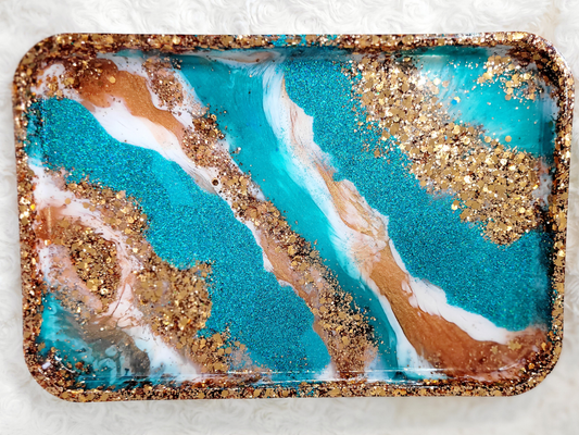 Blue and Bronze Glitter Resin Tray