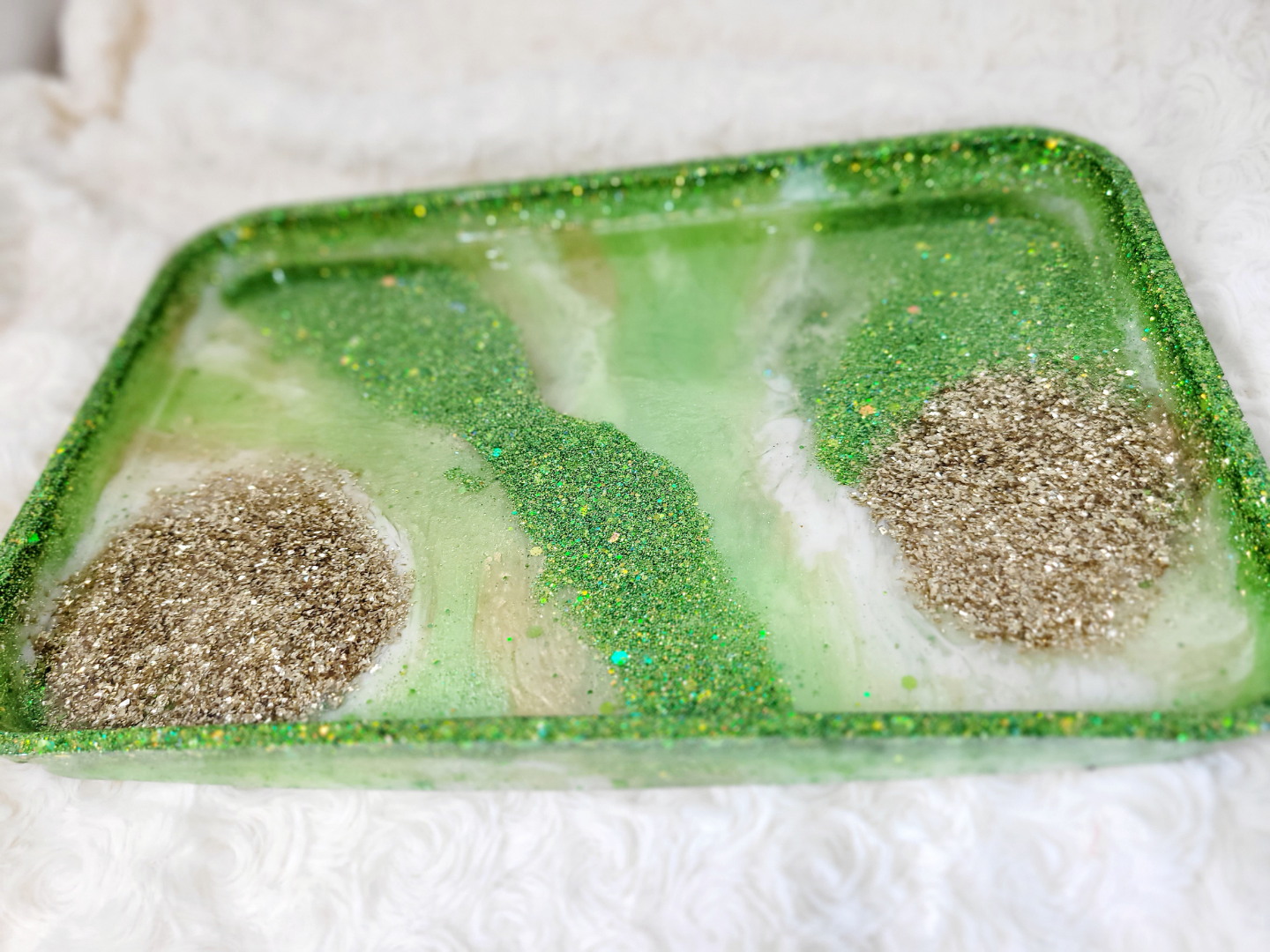 Green and Gold Glitter Resin Tray