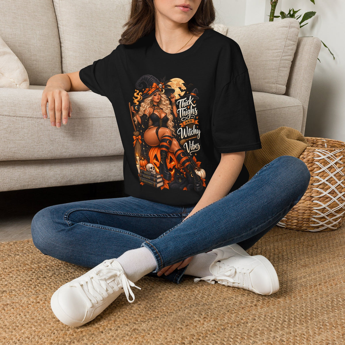 Thick Thighs Witchy Vibes Halloween | Glam Ghost Design | Unisex Softstyle T-Shirt