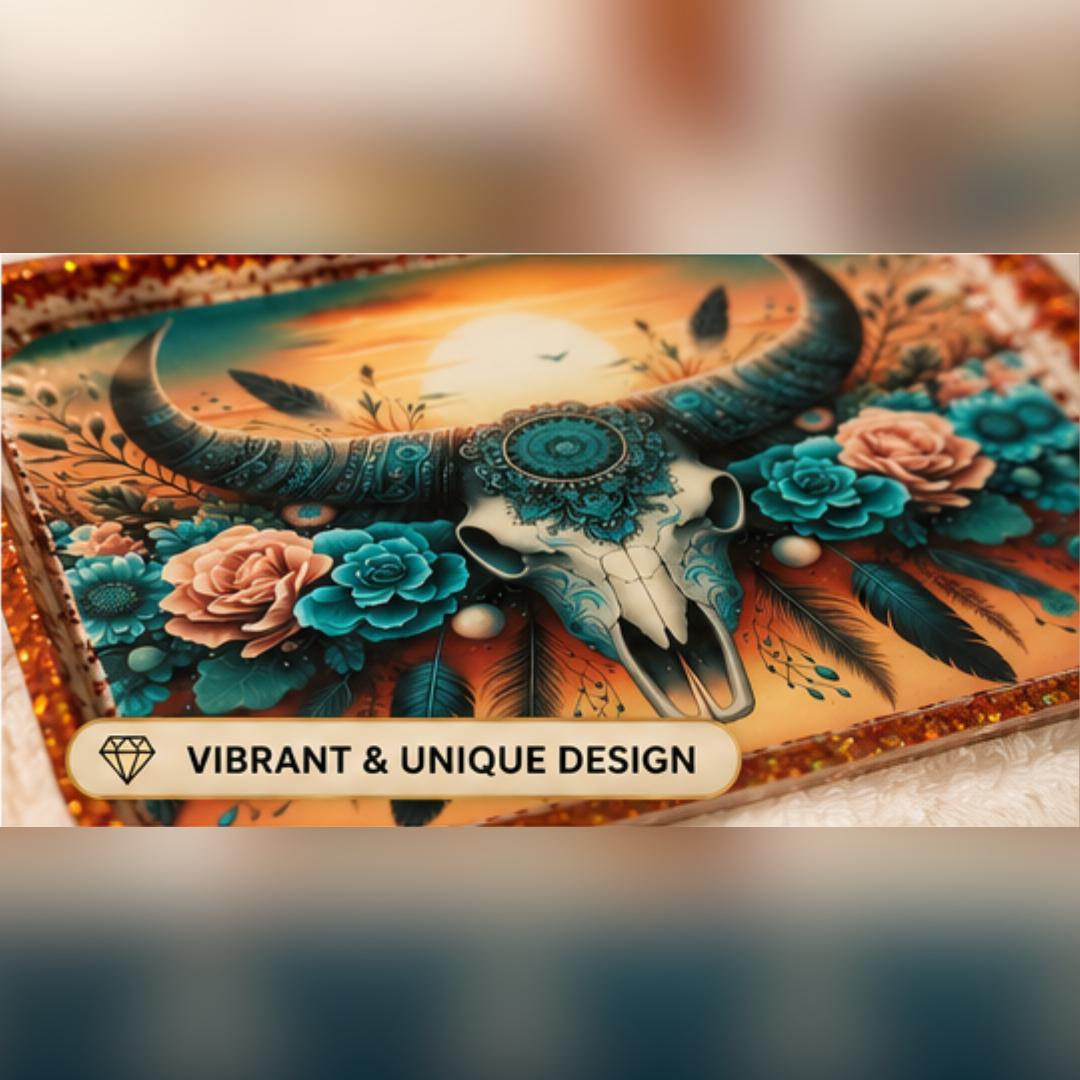 Boho Bull Skull Resin Tray – Handmade 10" x 6" Teal & Burnt Orange Western Decor