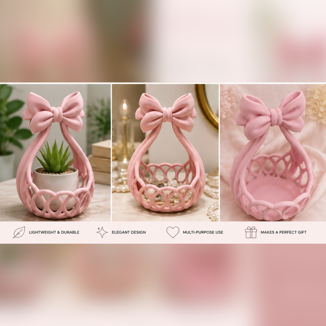 Multi-Use Bow Basket – 3D Printed Vanity Organizer, Jewelry Holder & Decorative Storage