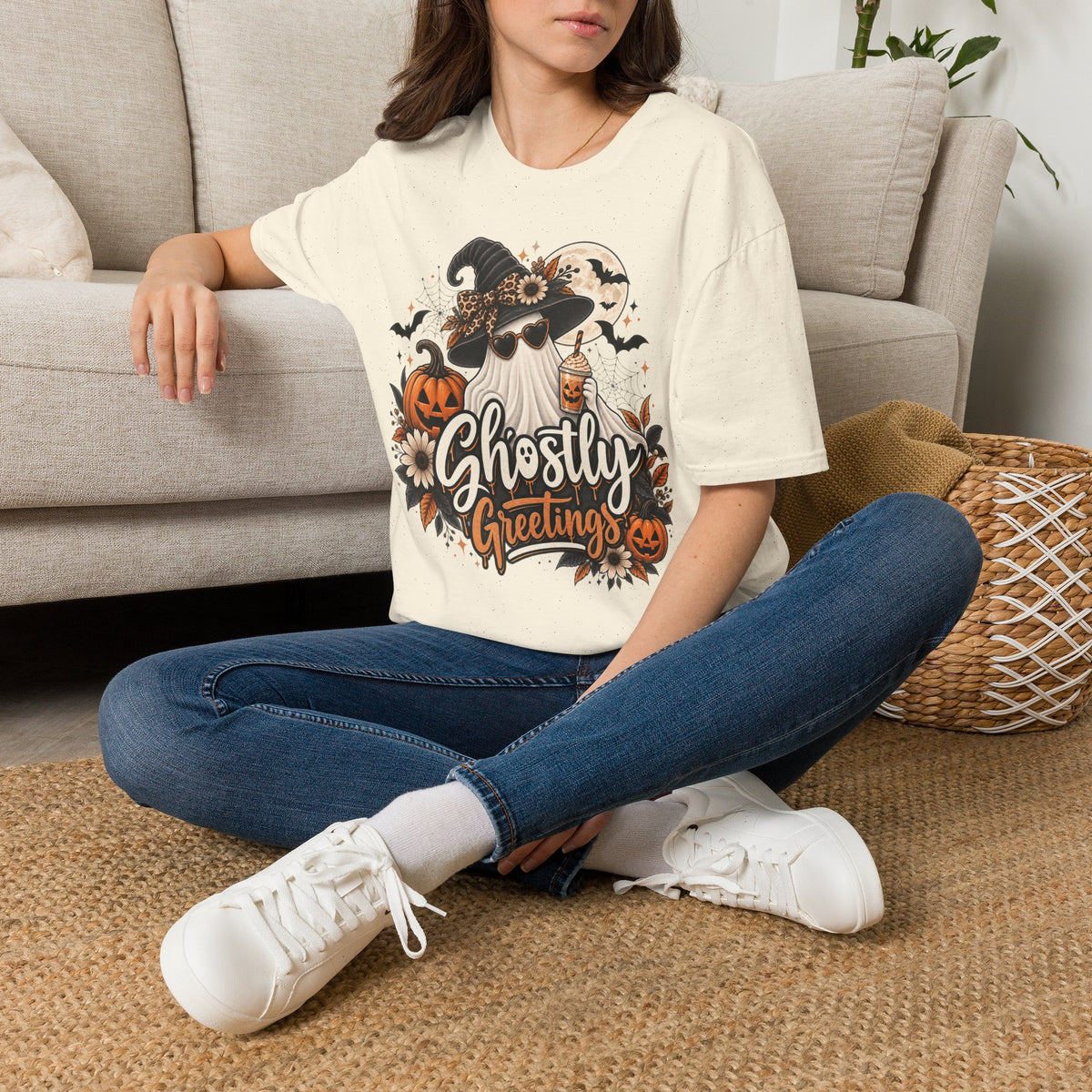 Ghostly Greetings Halloween | Glam Ghost Design | Unisex Softstyle T-Shirt