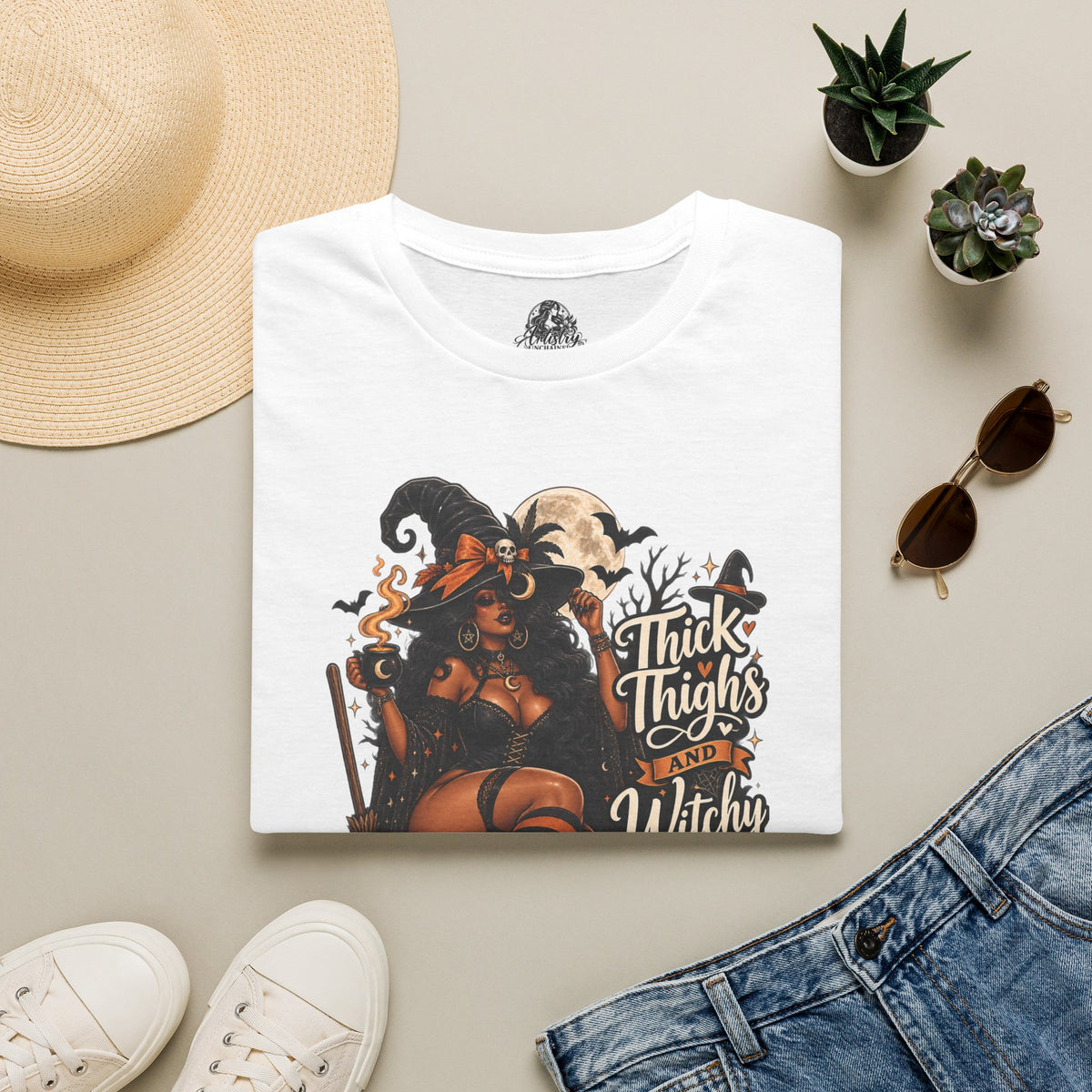 Thick Thighs Witchy Vibes Halloween | Glam Ghost Design | Unisex Softstyle T-Shirt