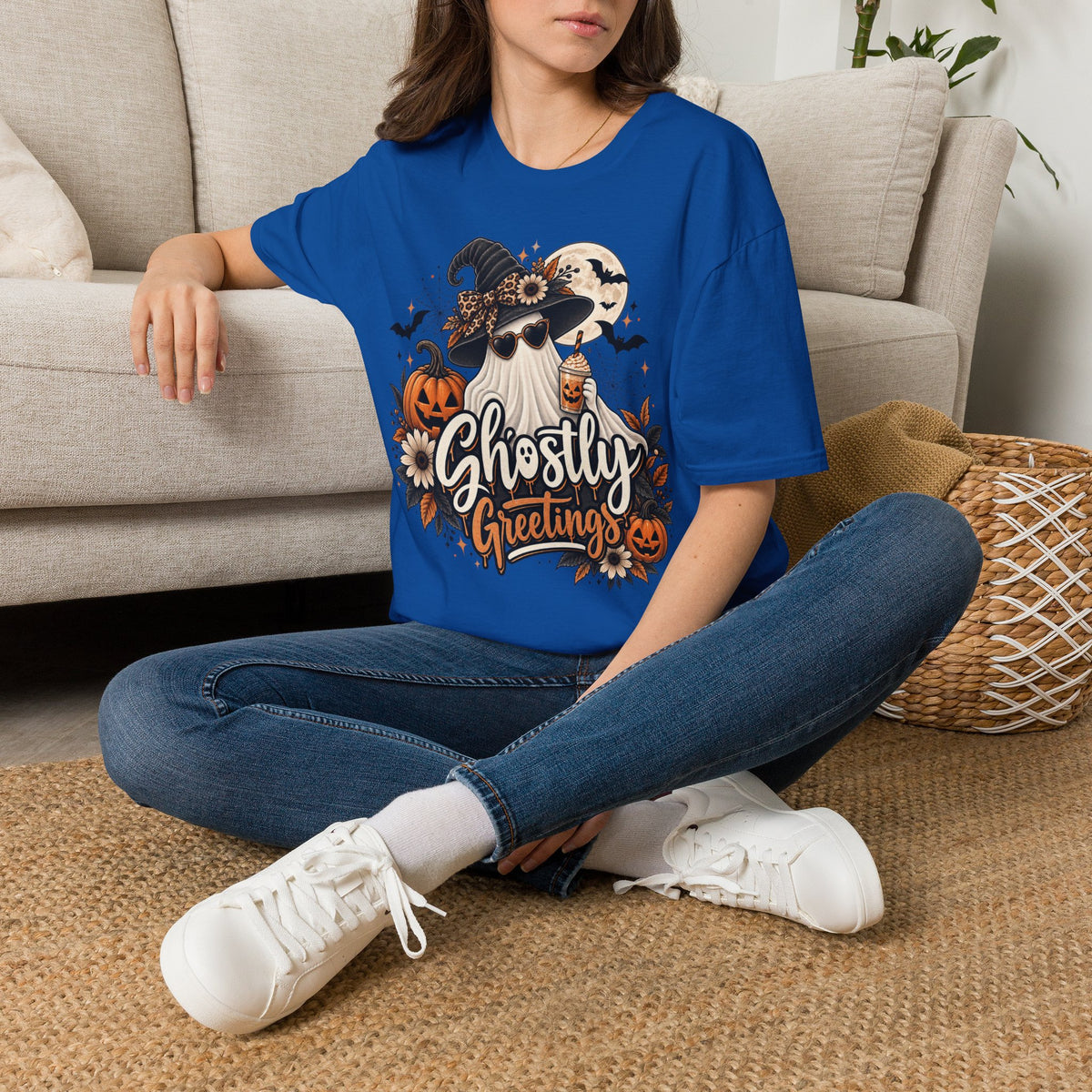 Ghostly Greetings Halloween | Glam Ghost Design | Unisex Softstyle T-Shirt