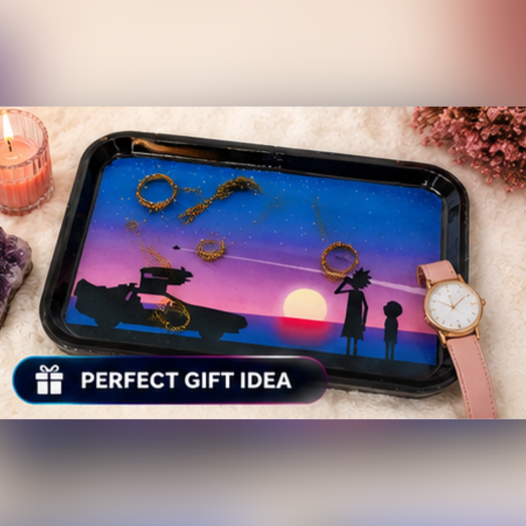 Retro Sci-Fi Sunset Resin Tray | Handmade Catchall Tray | Sunset Vanity Organizer | Pop Culture Inspired Home Décor | 10" x 6"
