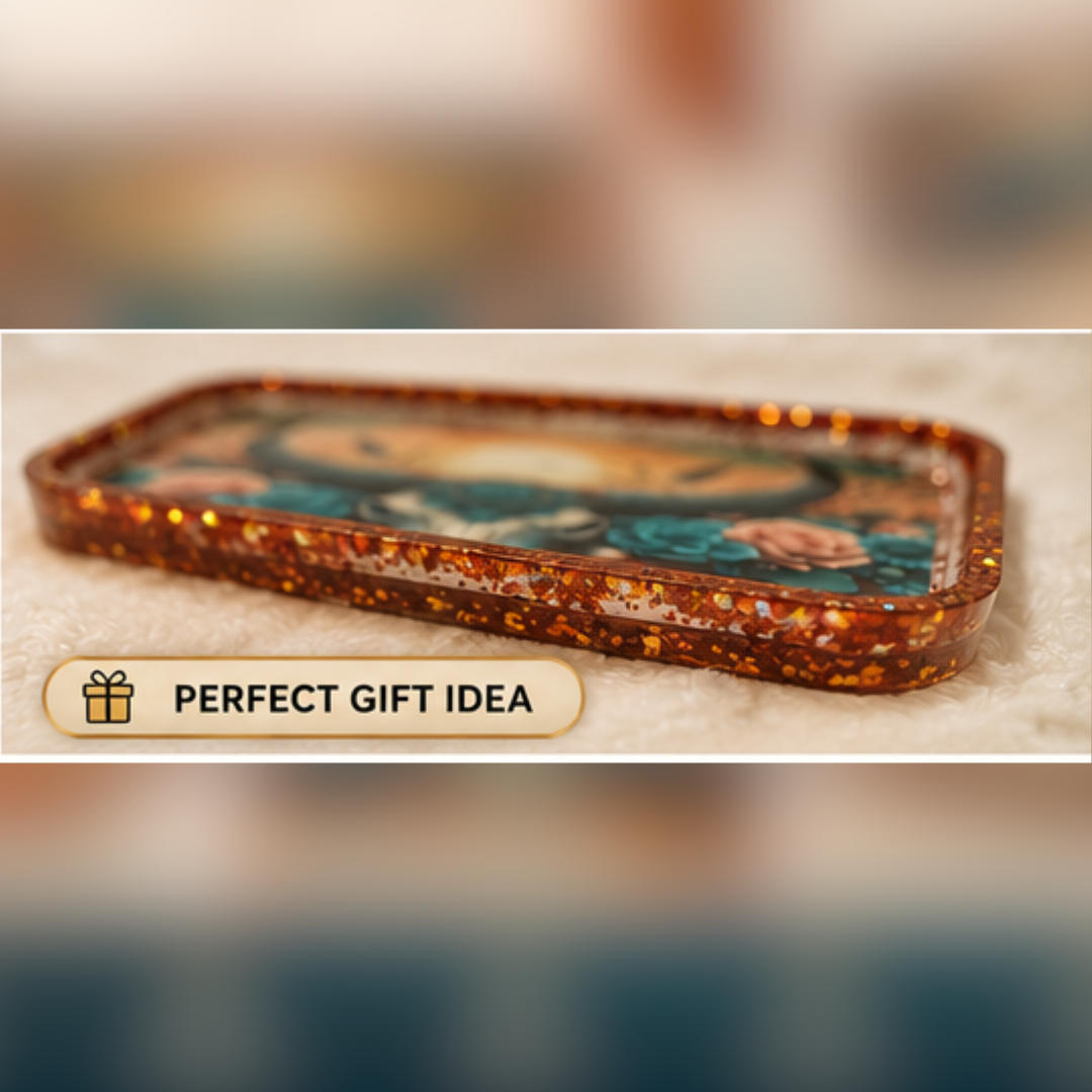 Boho Bull Skull Resin Tray – Handmade 10" x 6" Teal & Burnt Orange Western Decor
