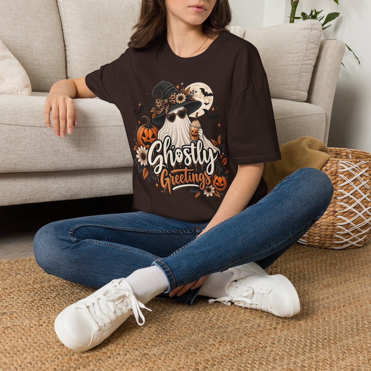 Ghostly Greetings Halloween | Glam Ghost Design | Unisex Softstyle T-Shirt