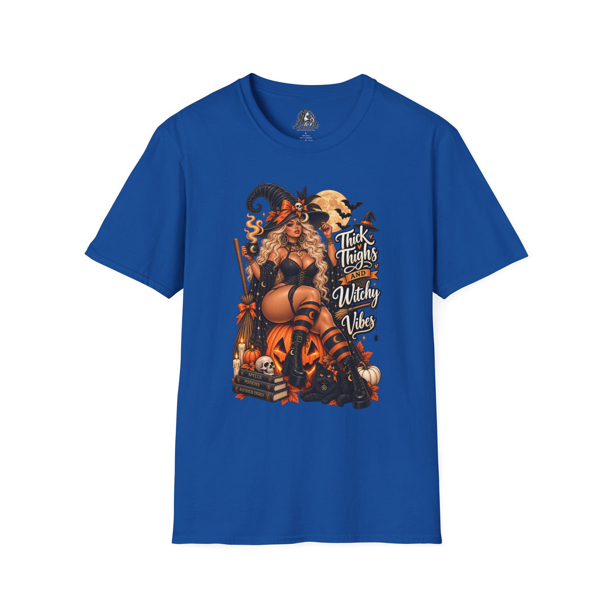 Thick Thighs Witchy Vibes Halloween | Glam Ghost Design | Unisex Softstyle T-Shirt
