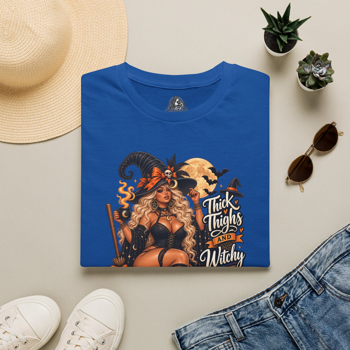 Thick Thighs Witchy Vibes Halloween | Glam Ghost Design | Unisex Softstyle T-Shirt