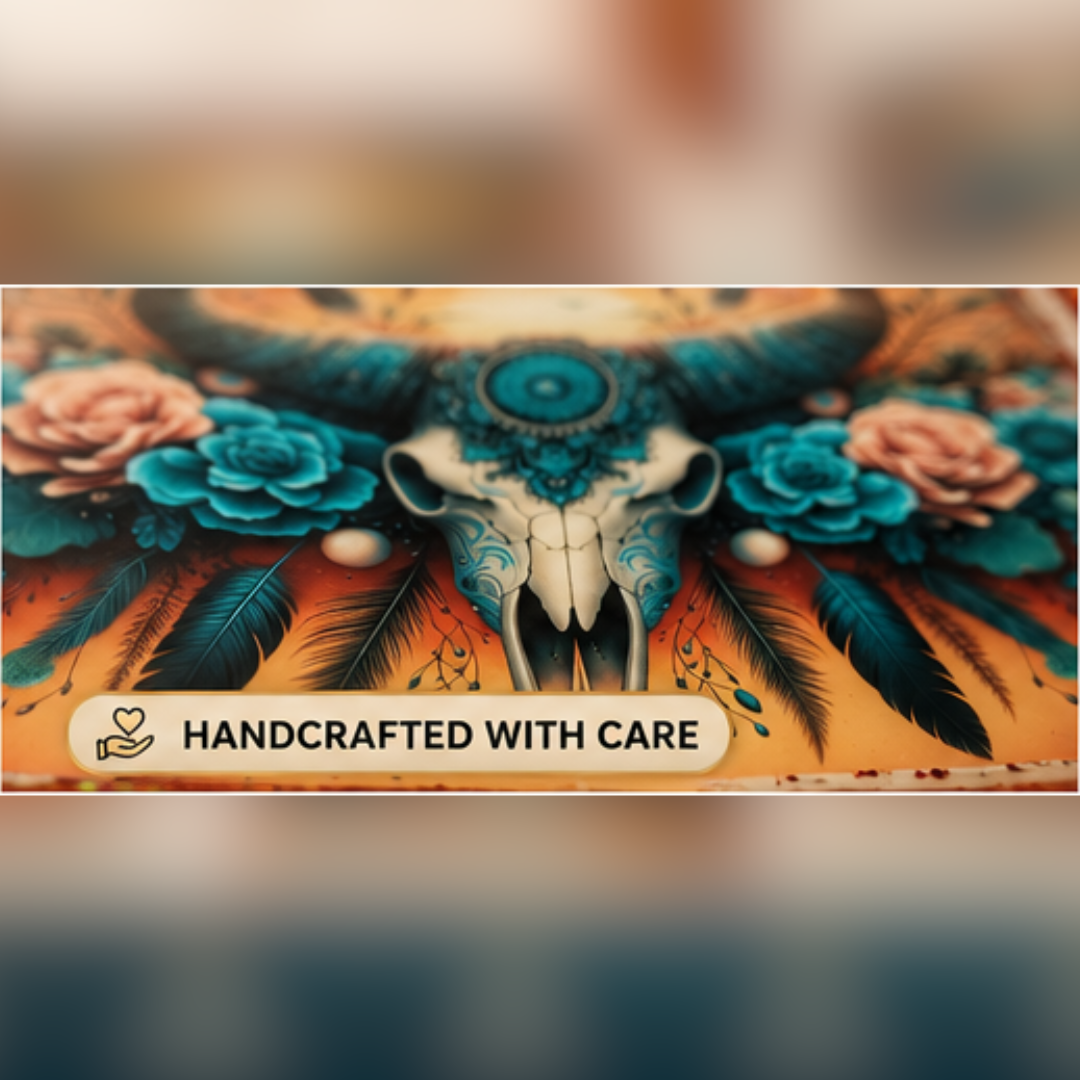 Boho Bull Skull Resin Tray – Handmade 10" x 6" Teal & Burnt Orange Western Decor