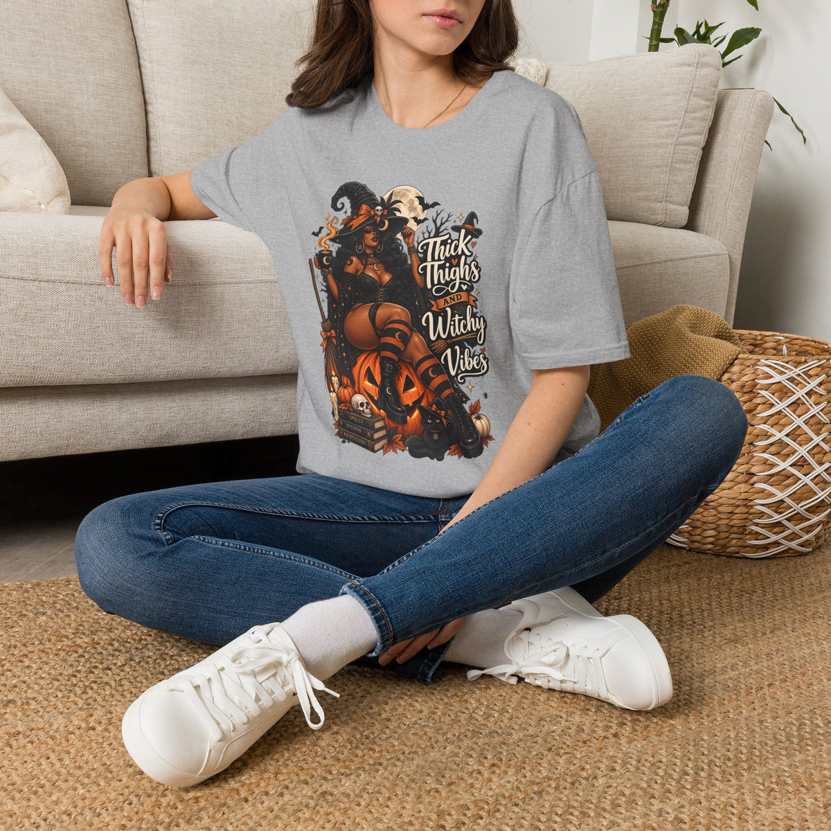 Thick Thighs Witchy Vibes Halloween | Glam Ghost Design | Unisex Softstyle T-Shirt