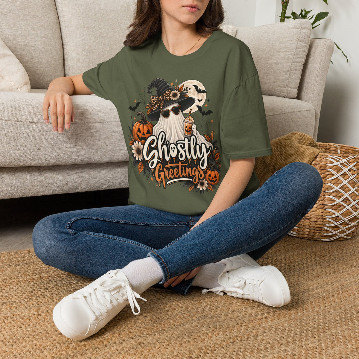 Ghostly Greetings Halloween | Glam Ghost Design | Unisex Softstyle T-Shirt
