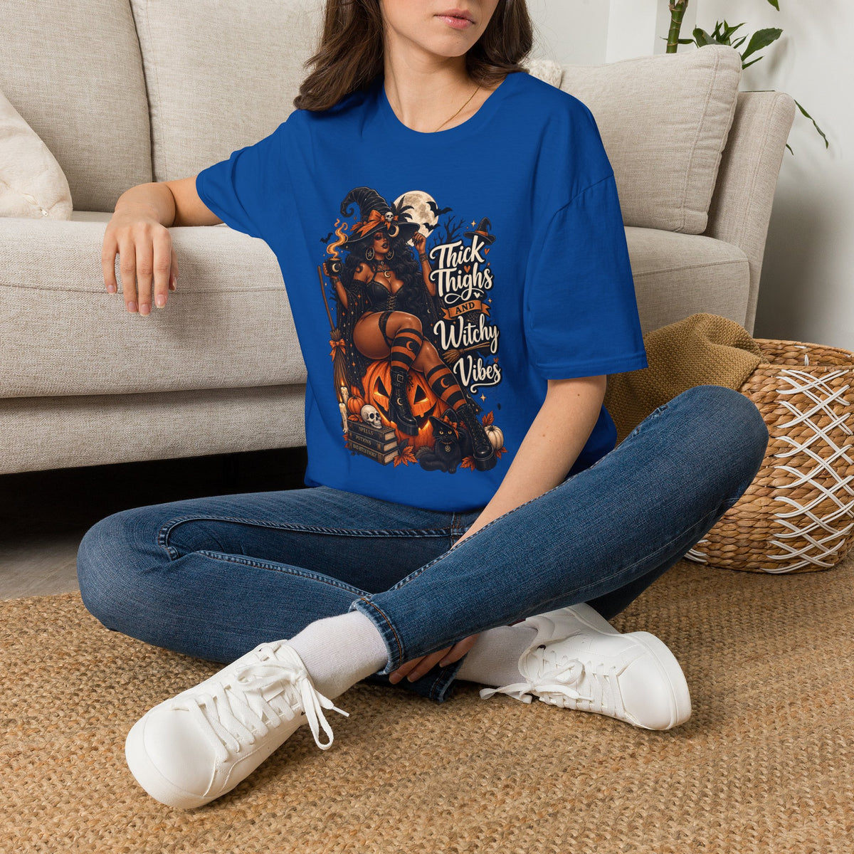 Thick Thighs Witchy Vibes Halloween | Glam Ghost Design | Unisex Softstyle T-Shirt