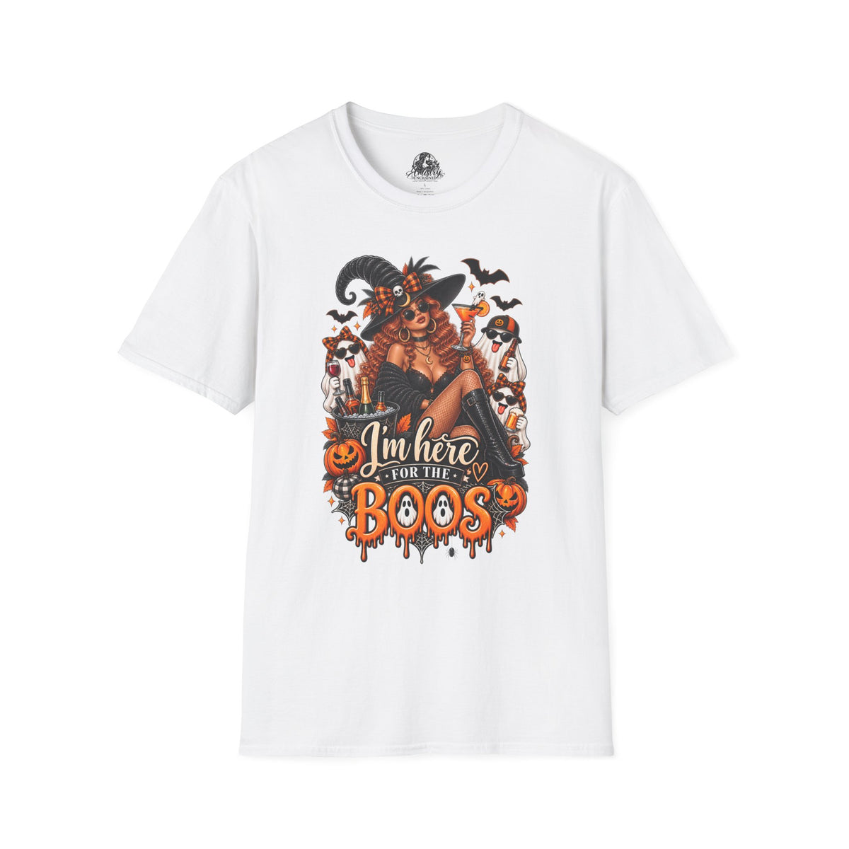 Here for the Boos Halloween | Glam Ghost Design | Unisex Softstyle T-Shirt
