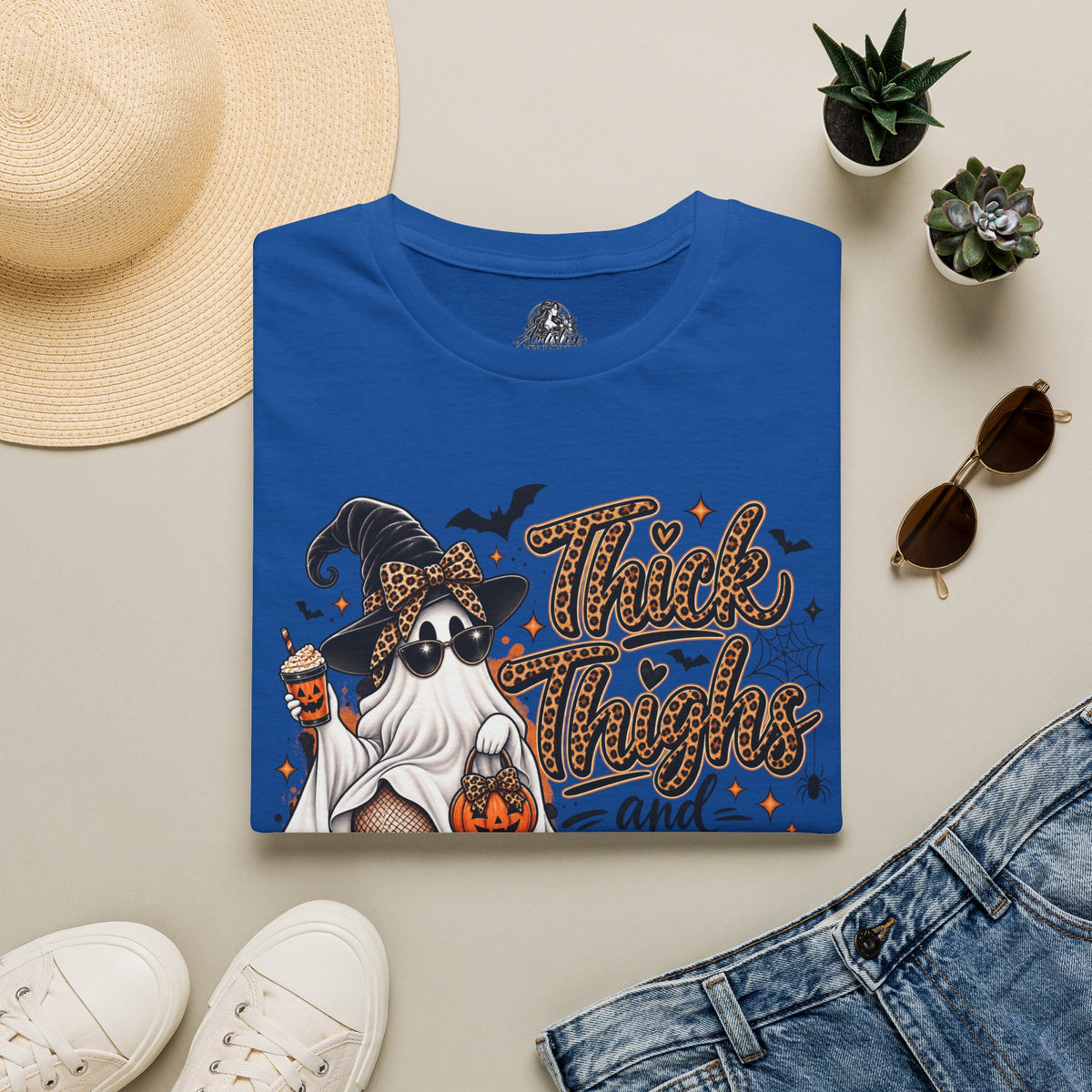 Thick Thighs Spooky Vibes Halloween | Glam Ghost Design | Unisex Softstyle T-Shirt