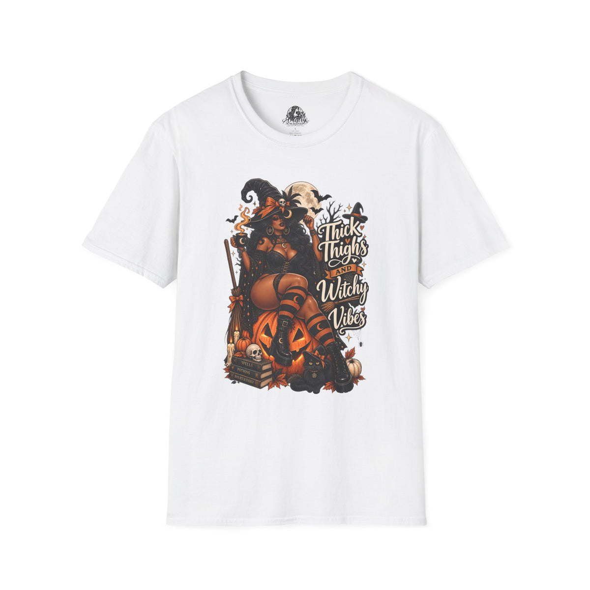 Thick Thighs Witchy Vibes Halloween | Glam Ghost Design | Unisex Softstyle T-Shirt