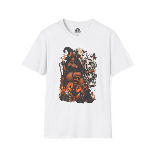 Thick Thighs Witchy Vibes Halloween | Glam Ghost Design | Unisex Softstyle T-Shirt