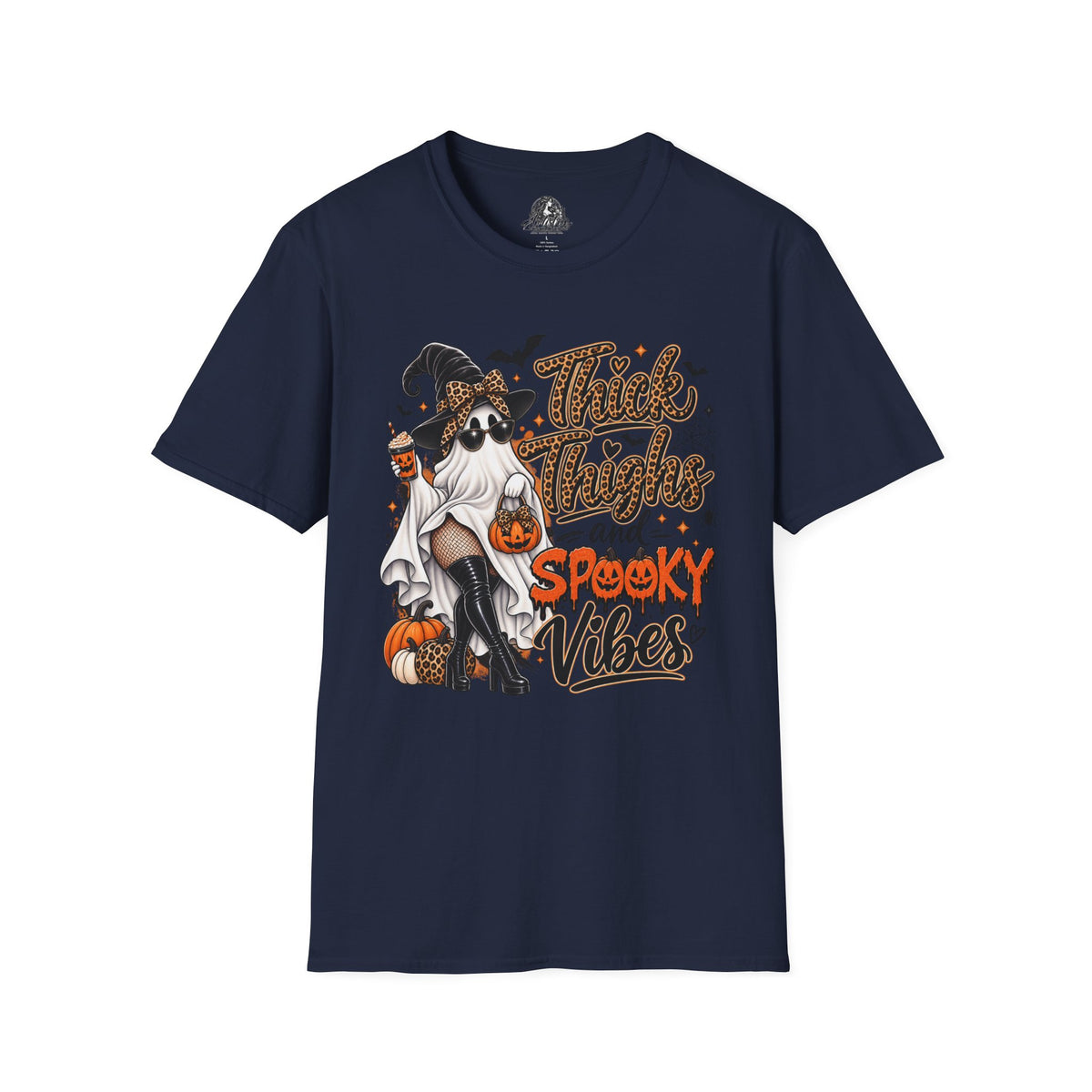 Thick Thighs Spooky Vibes Halloween | Glam Ghost Design | Unisex Softstyle T-Shirt