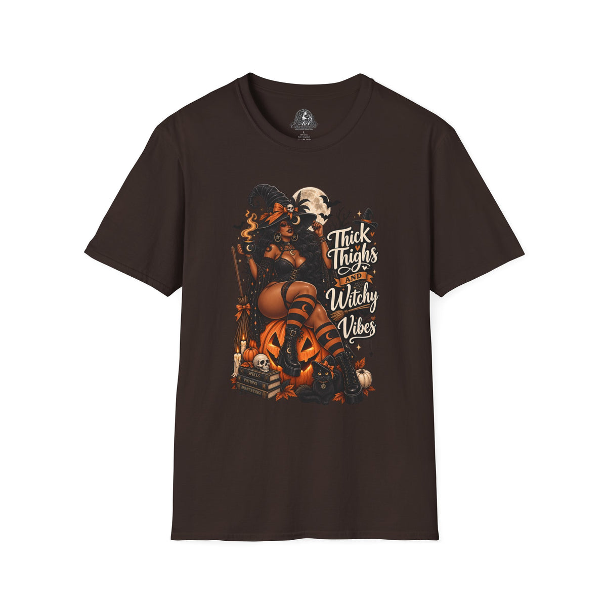 Thick Thighs Witchy Vibes Halloween | Glam Ghost Design | Unisex Softstyle T-Shirt