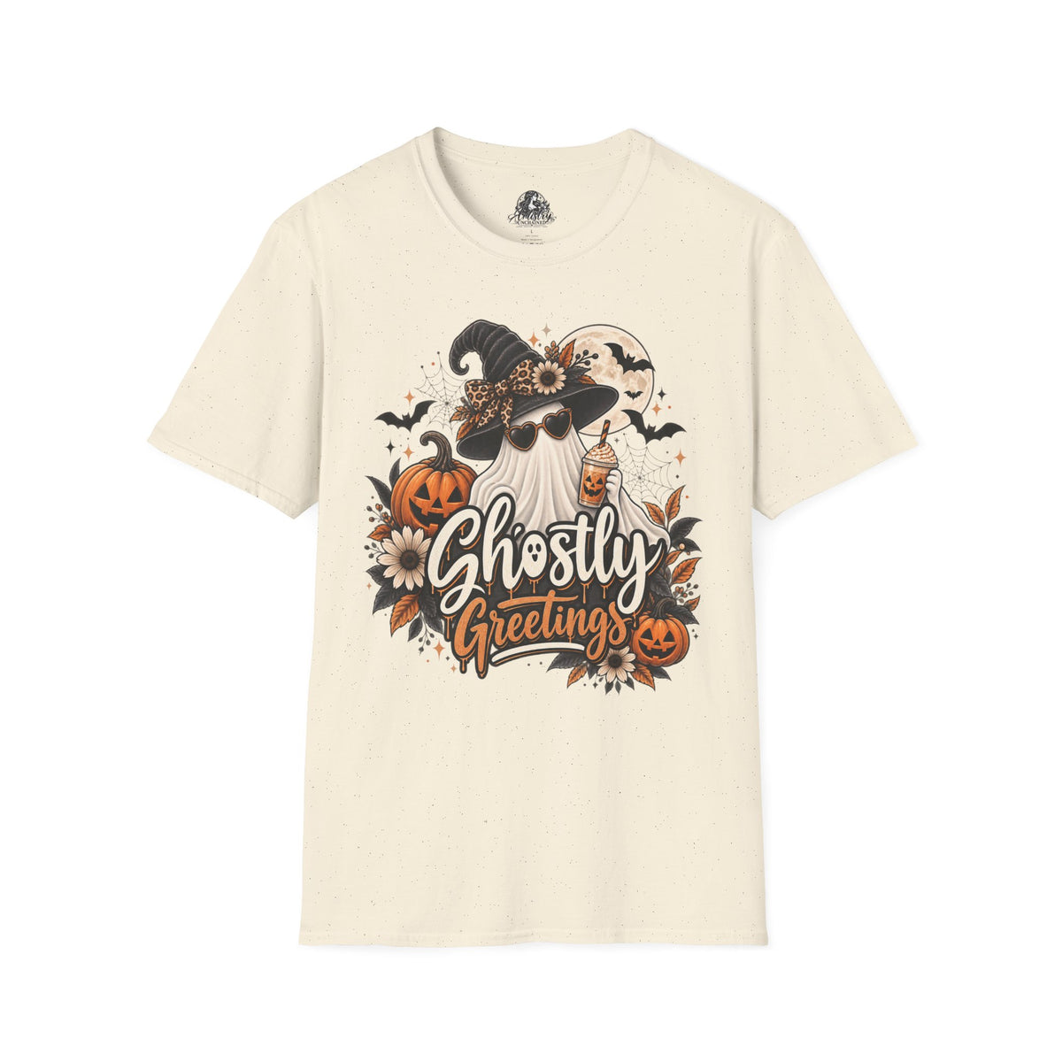 Ghostly Greetings Halloween | Glam Ghost Design | Unisex Softstyle T-Shirt