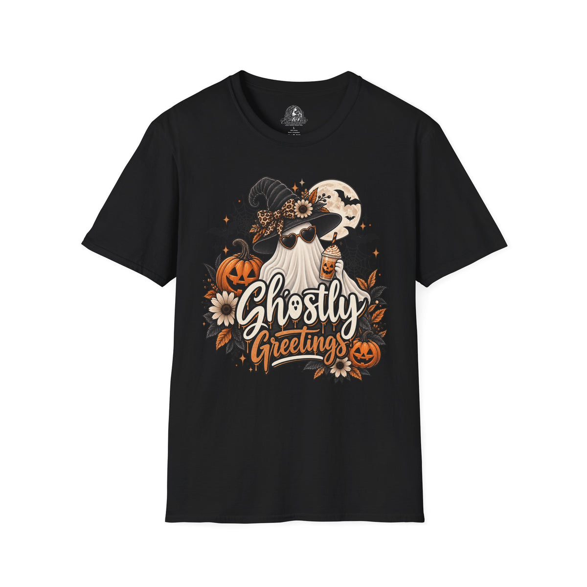Ghostly Greetings Halloween | Glam Ghost Design | Unisex Softstyle T-Shirt