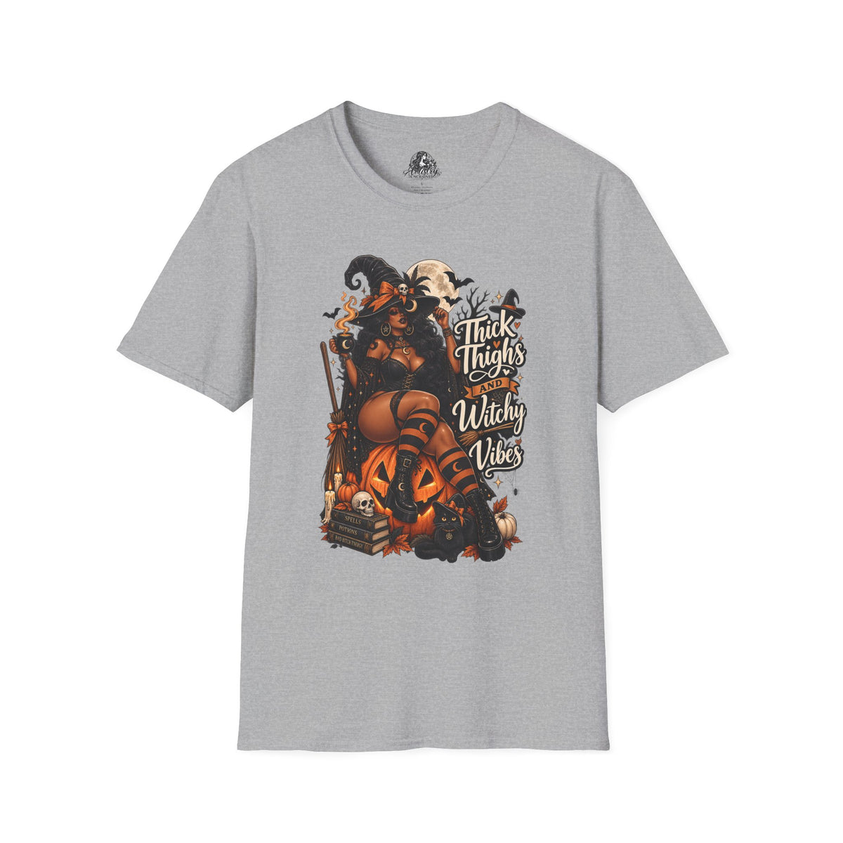 Thick Thighs Witchy Vibes Halloween | Glam Ghost Design | Unisex Softstyle T-Shirt