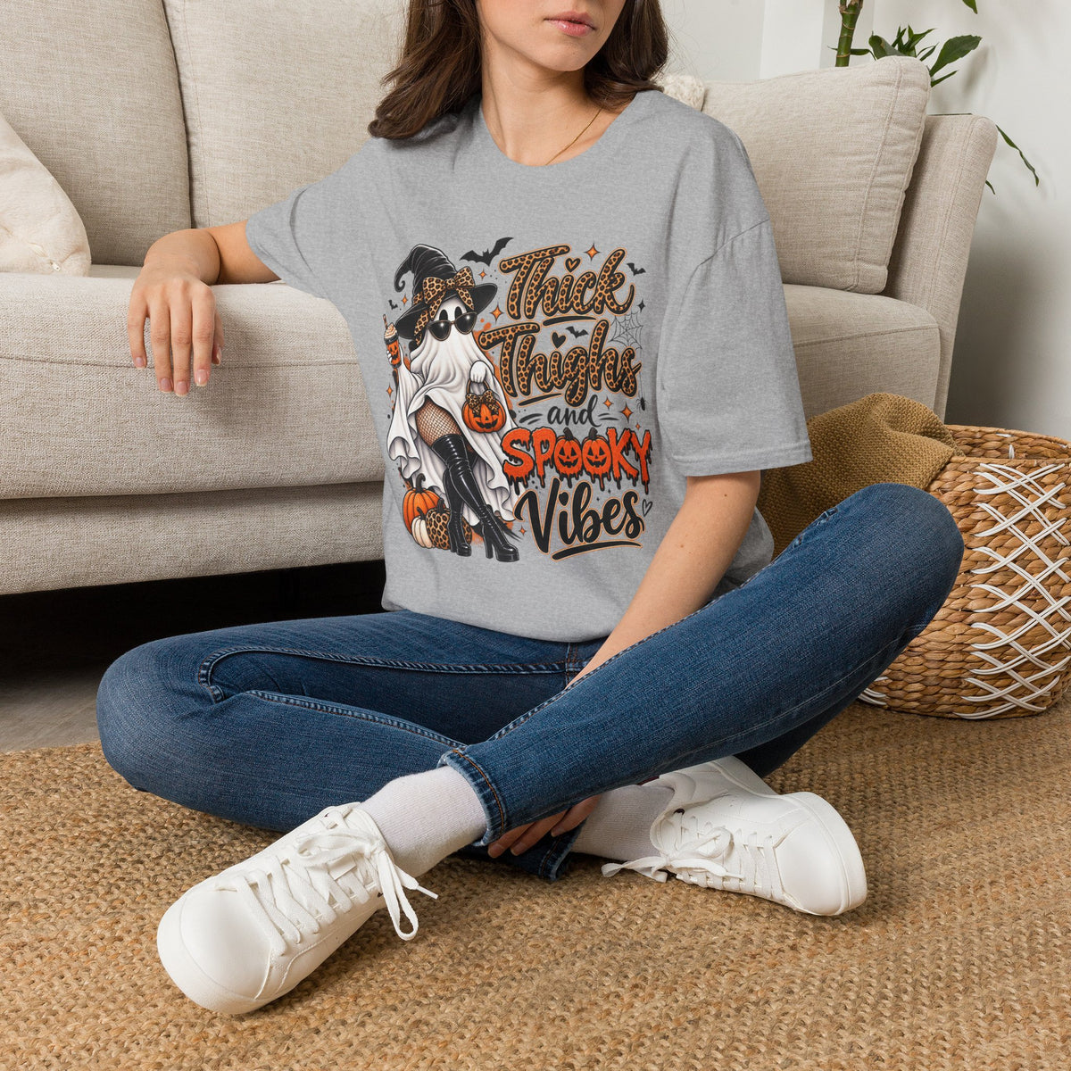 Thick Thighs Spooky Vibes Halloween | Glam Ghost Design | Unisex Softstyle T-Shirt