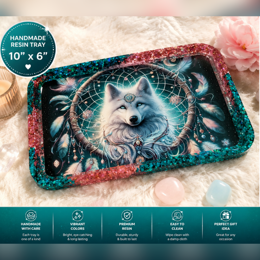 White Wolf Resin Tray | Handmade Dreamcatcher Catchall Tray | Boho Vanity Organizer | Mystical Home Décor | 10" x 6"