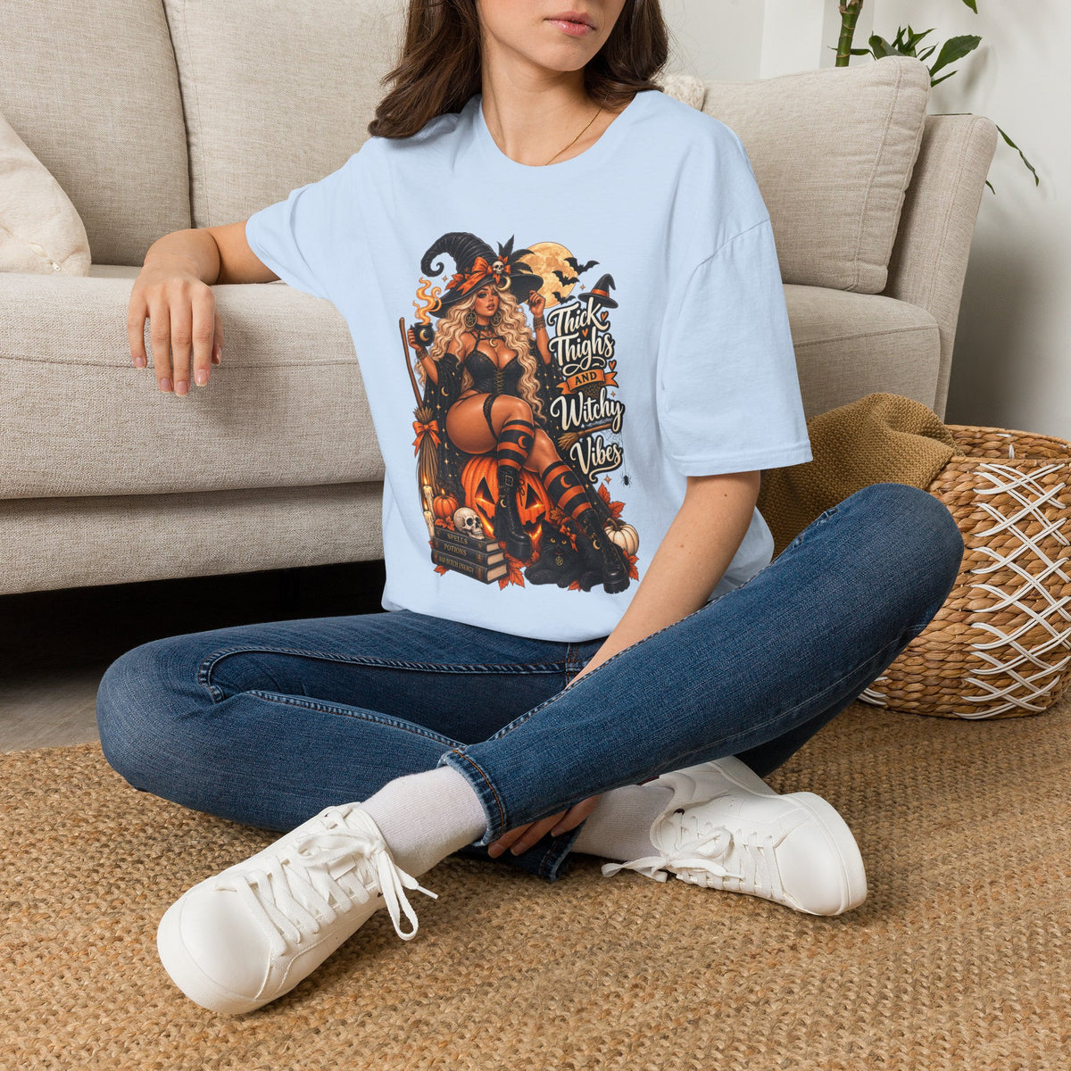Thick Thighs Witchy Vibes Halloween | Glam Ghost Design | Unisex Softstyle T-Shirt